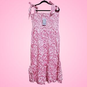 SAIL TO SABLE Midi Dress Pink Vine XS Tie Strap Square Neck Vacation NWT $188